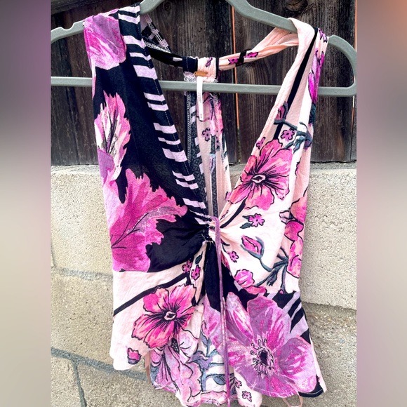Free People Hot Tropics Floral Print halter Clinched Plunging V-Neck racer back - Picture 1 of 8